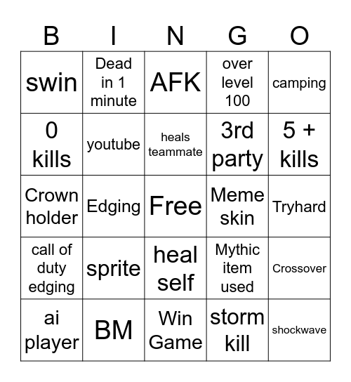 Fortnite Bingo Card