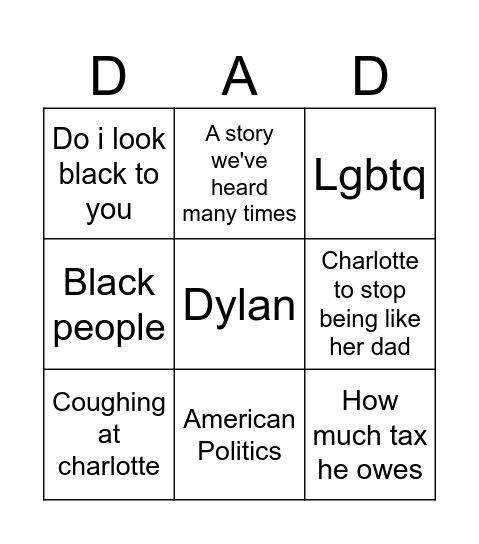 Dads Favourites Bingo Card