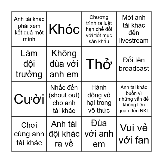 Bingo list điều NKL bị chửi Bingo Card