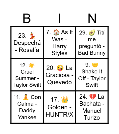 Bingo Musical Verano'26 Bingo Card