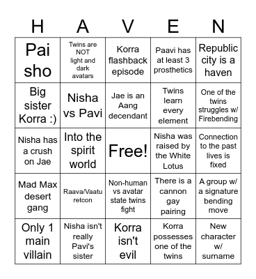 Avatar Seven Havens Bingo | Seasons 1 & 2 Bingo Card
