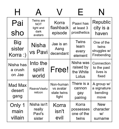 Avatar Seven Havens Bingo | Seasons 1 & 2 Bingo Card