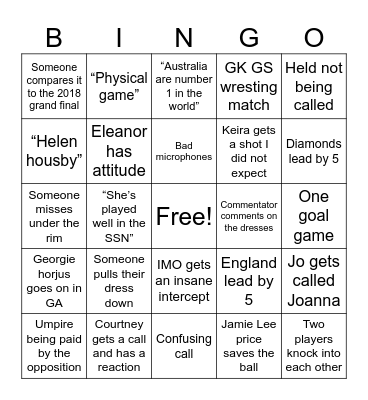 Diamonds vs ENG bingo Card