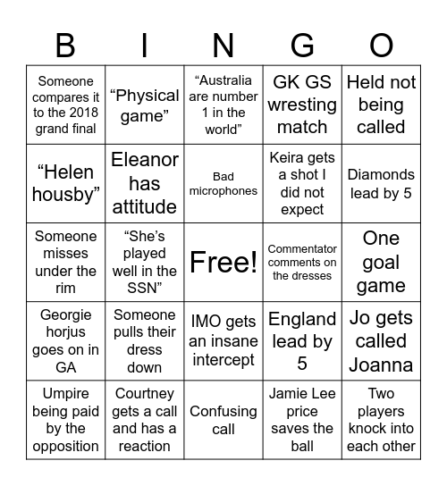 Diamonds vs ENG bingo Card