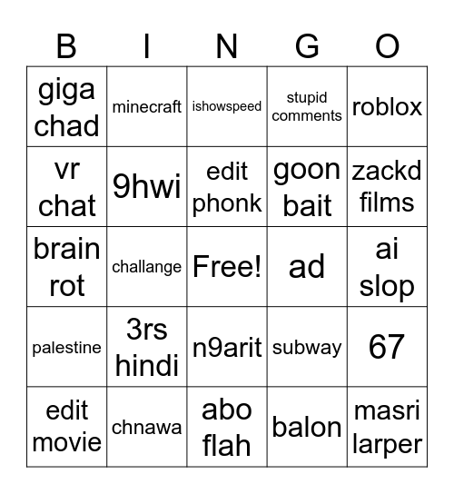 bingo yt shorts Bingo Card