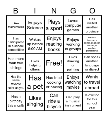 CLASS BINGO Card