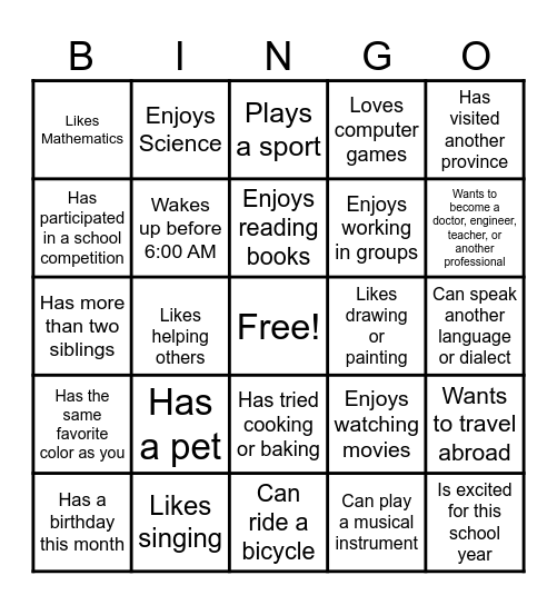 CLASS BINGO Card