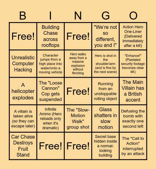 Action Movie Bingo Card