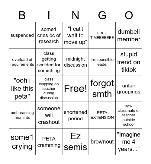 2nd term prediction Bingo Card