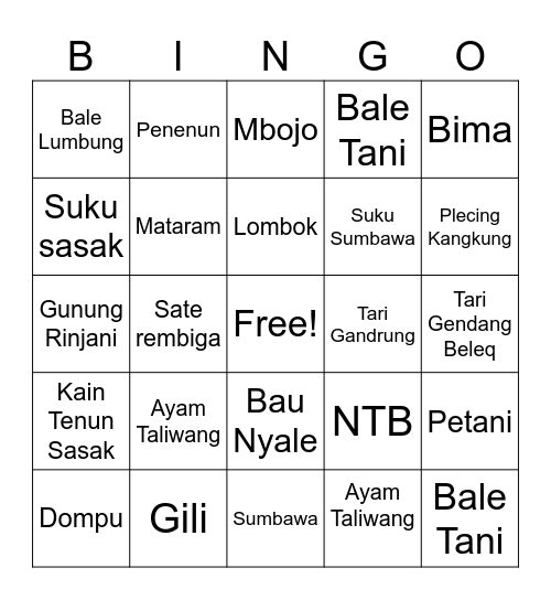 Nusa Tenggara Barat Bingo Card