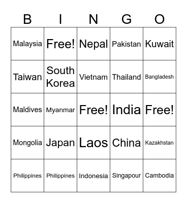 Asian Countries Bingo Card