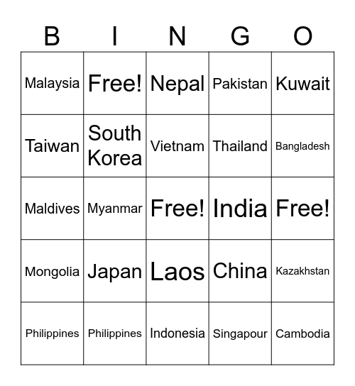 Asian Countries Bingo Card