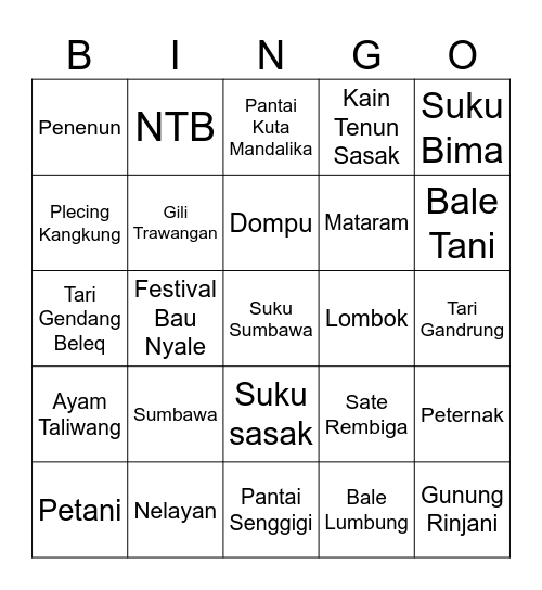 NUSA TENGGARA BARAT Bingo Card