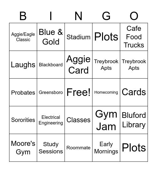 Aggie Sisters Bingo Card