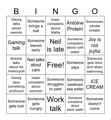Swim Trip Bingo Card
