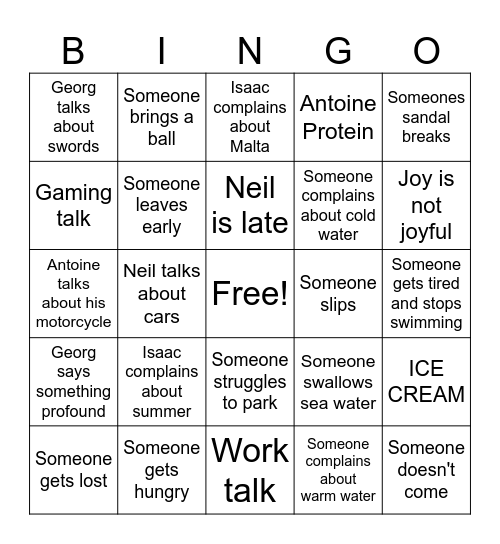 Swim Trip Bingo Card