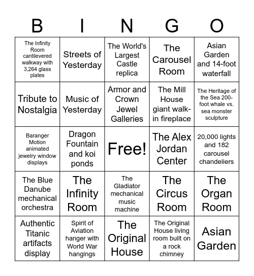 House on the Rock Attractions Bingo Card