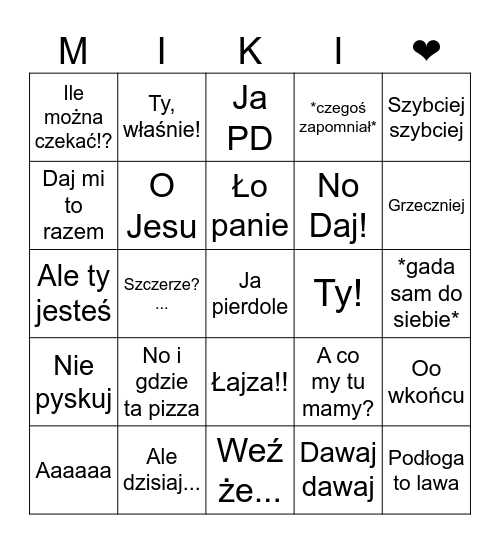 Slang Mikiego Bingo Card