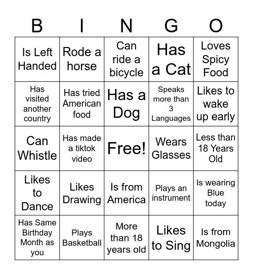 Find a person to fill the box! Bingo Card