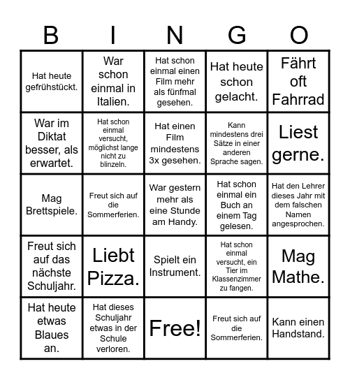 Klassenbingo 6a Bingo Card
