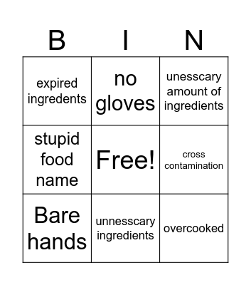 Jacks cooking Bingo Card
