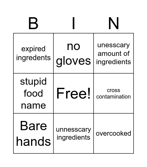 Jacks cooking Bingo Card