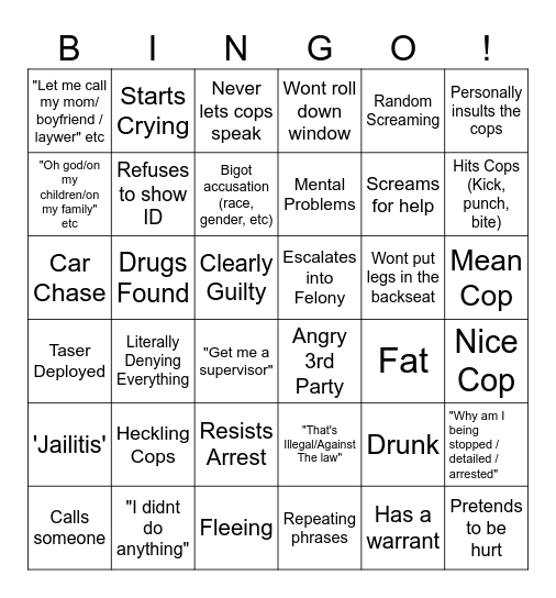 Bodycam Bingo Card