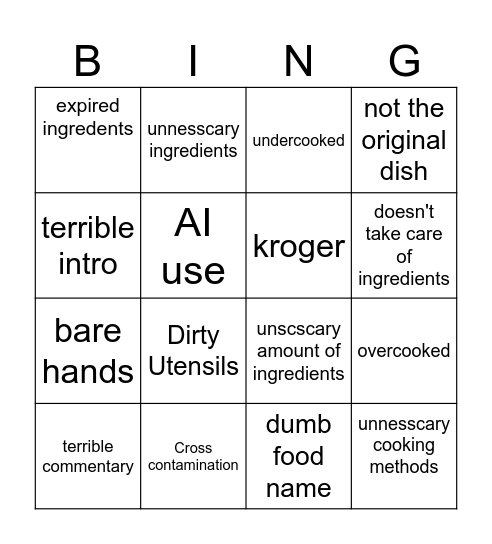 Jacks cooking Bingo Card