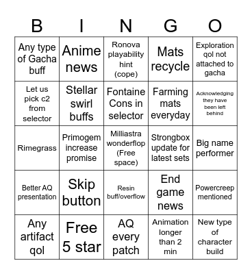 7.0 Livestream Bingo Card