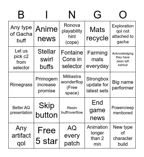 7.0 Livestream Bingo Card