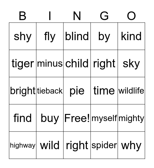 VOWEL PATTERNS -  i,ie,igh,y Bingo Card