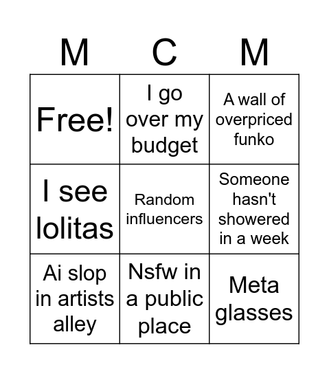 M Bingo Card