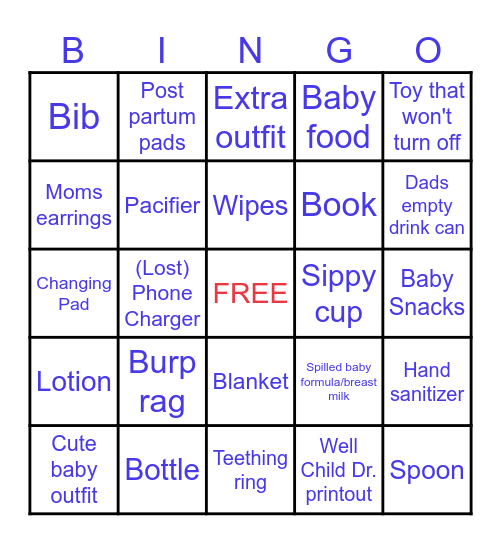 Diaper Bag Bingo Card