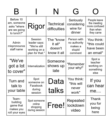 Back to School PD Bingo Card