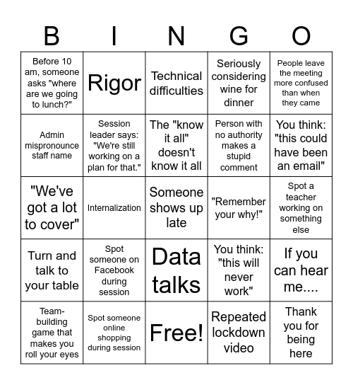 Back to School PD Bingo Card