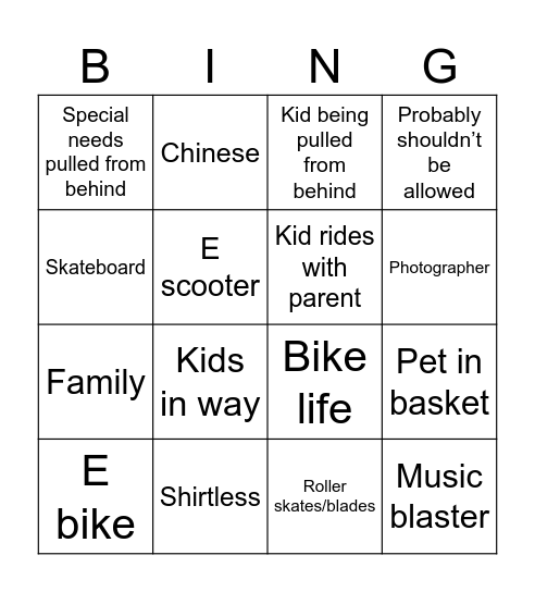 Bike path Bingo Card