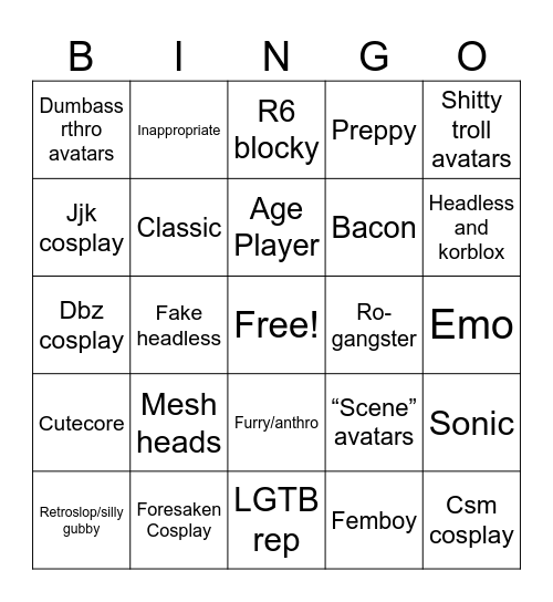 Catalog Avatar Creator Bingo Card