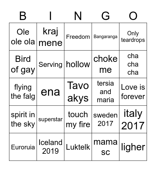 Eurovison stream Bingo Card
