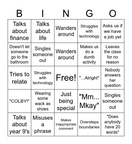 Mrs Nobel Bingo Card