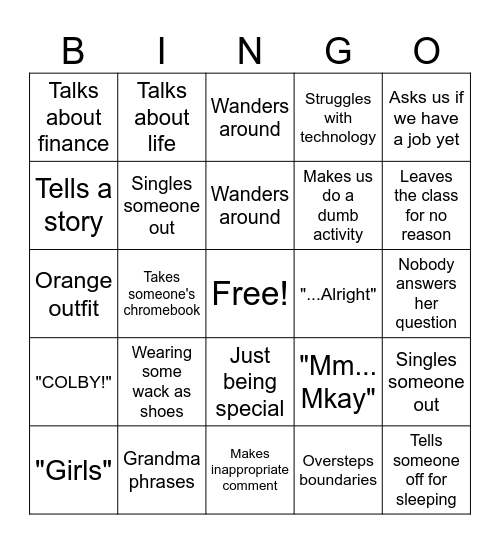Mrs Nobel Bingo Card
