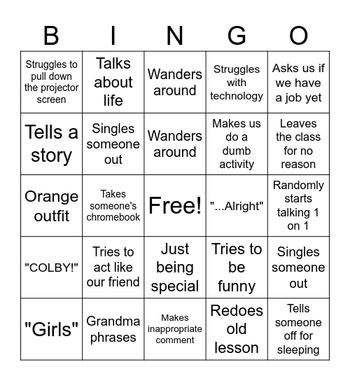 Mrs Nobel Bingo Card
