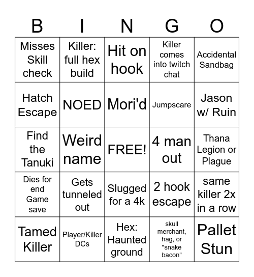 Reina's DBD Bingo Card