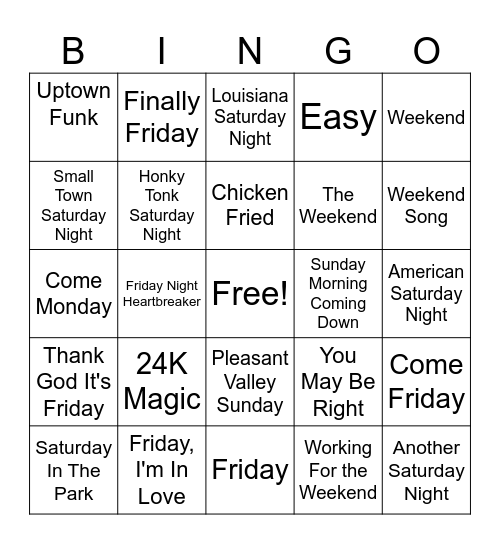Working For The Weekend Bingo Card