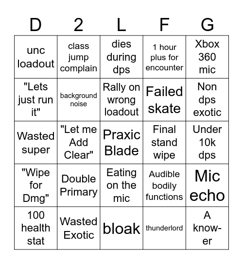 D2 LFG BINGO Card