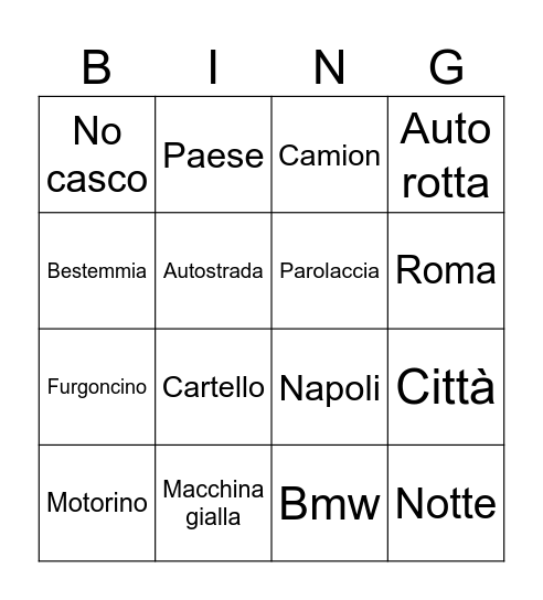 Dashcam Bingo Card