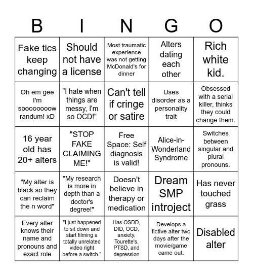 Fake Disorder Bingo Card