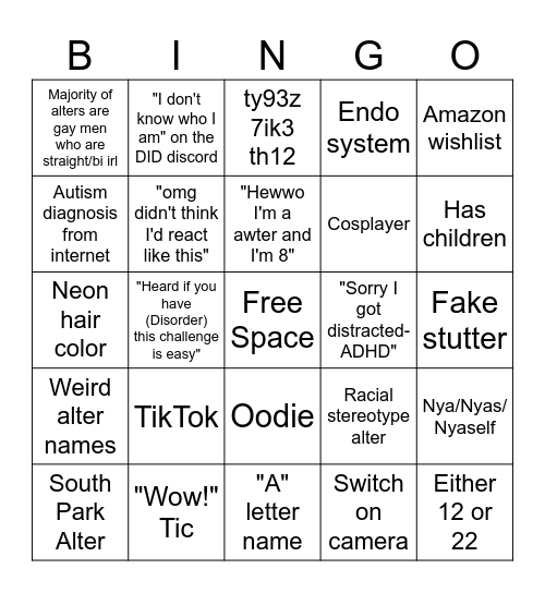 Fake Disorder Bingo Card