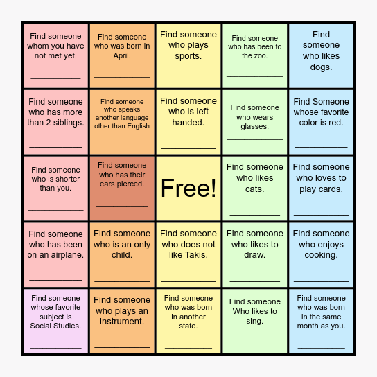 GET TO KNOW YOUR CLASS Bingo Card