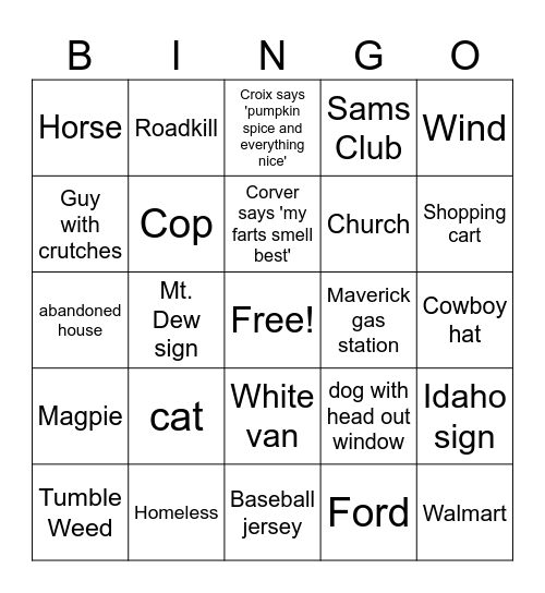 Road Trip Bingo Card