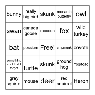 wildlife bingo Card